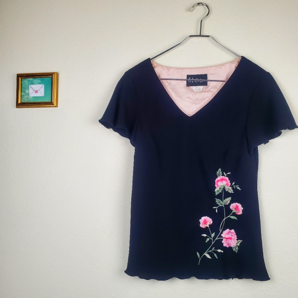 S. L. Fashions Floral Embroidered Black Top